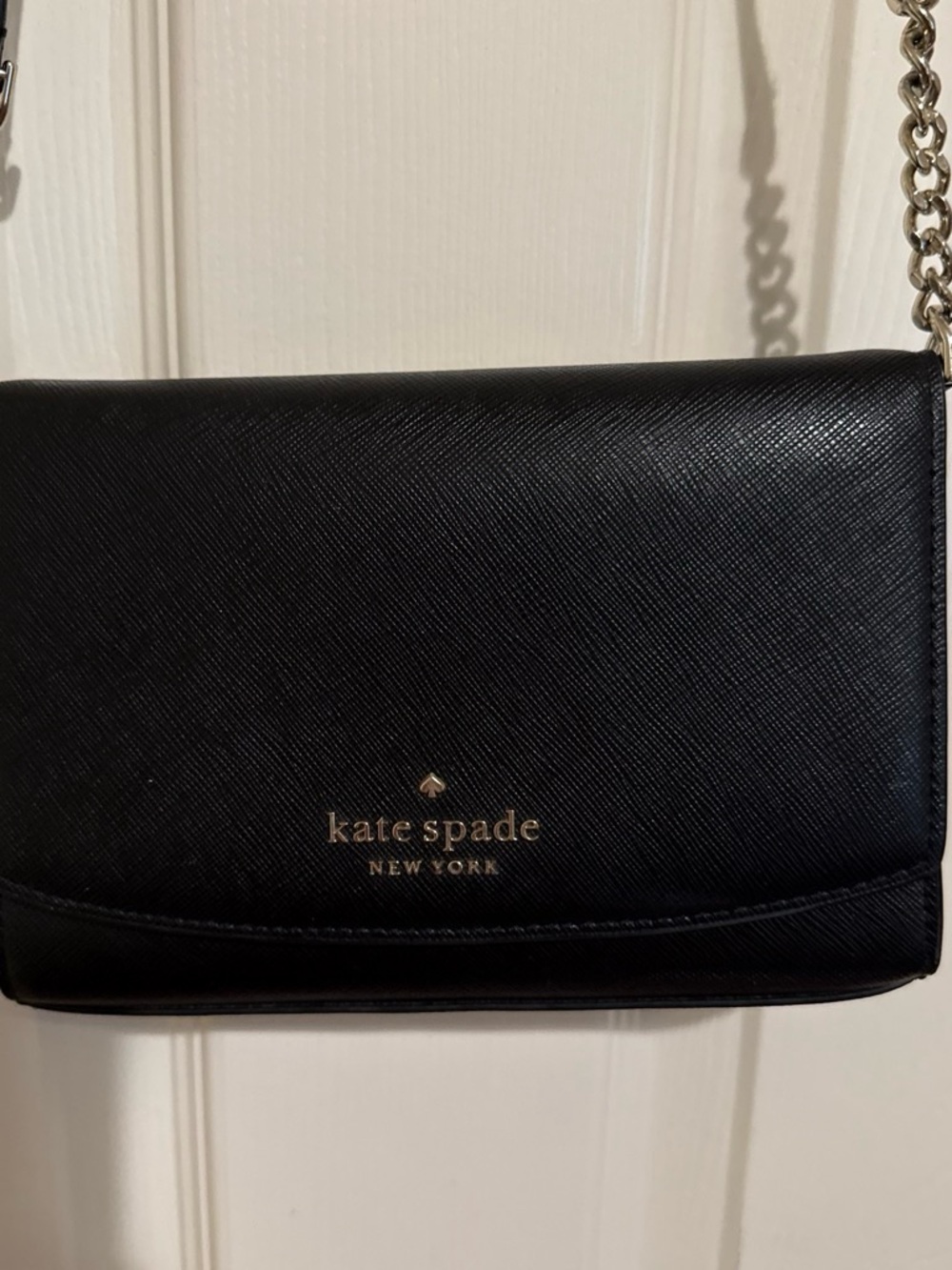 kate spade Black Leather Crossbody with Gold Logo and Chain
